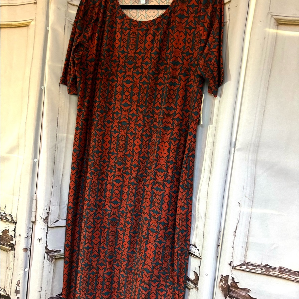 Lularoe Julia dress. 45”shoulder to hem.20”pit to pit bust. Dark navy